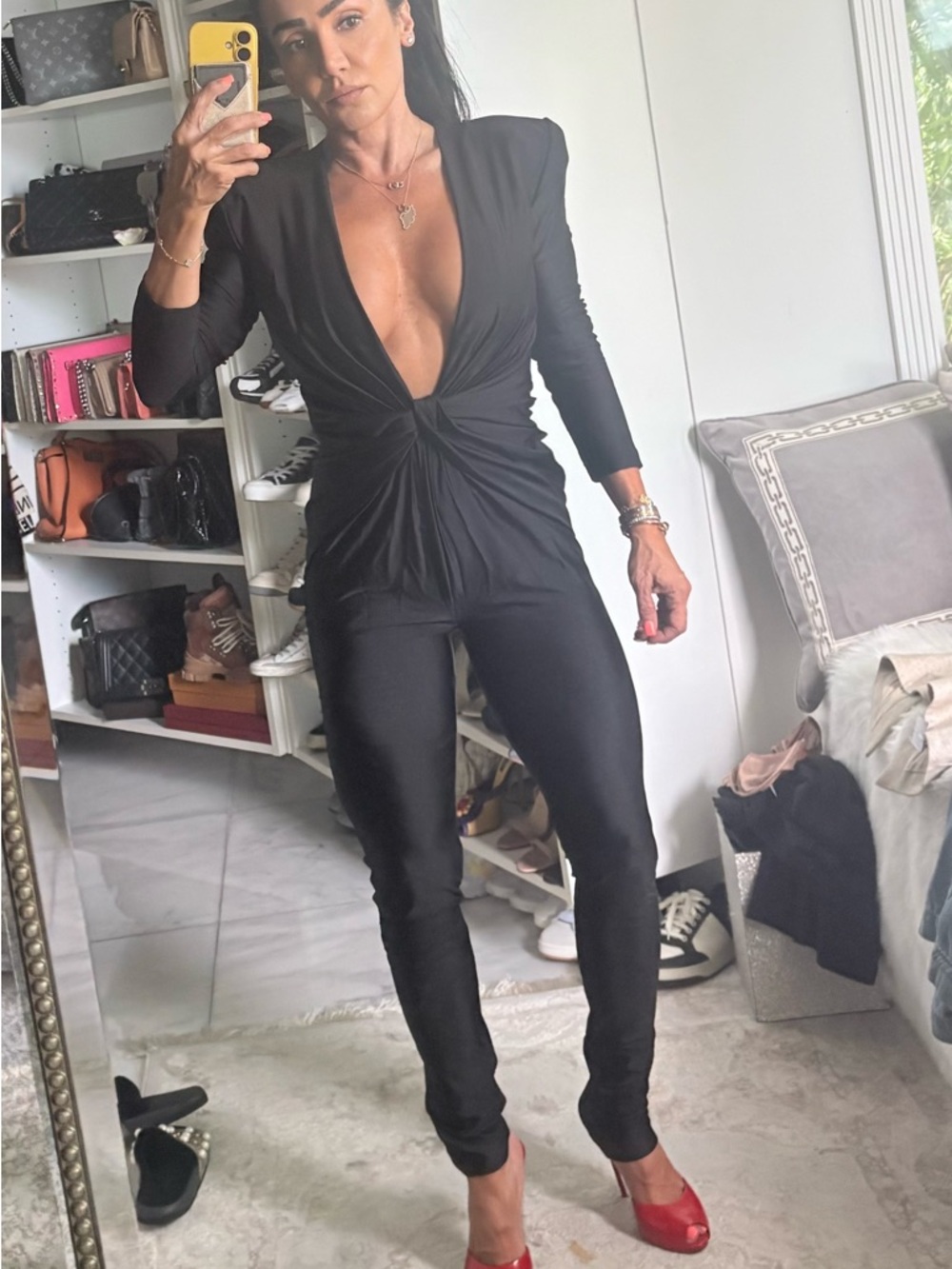 Saint Laurent Black Deep-V Twist-Front Jumpsuit